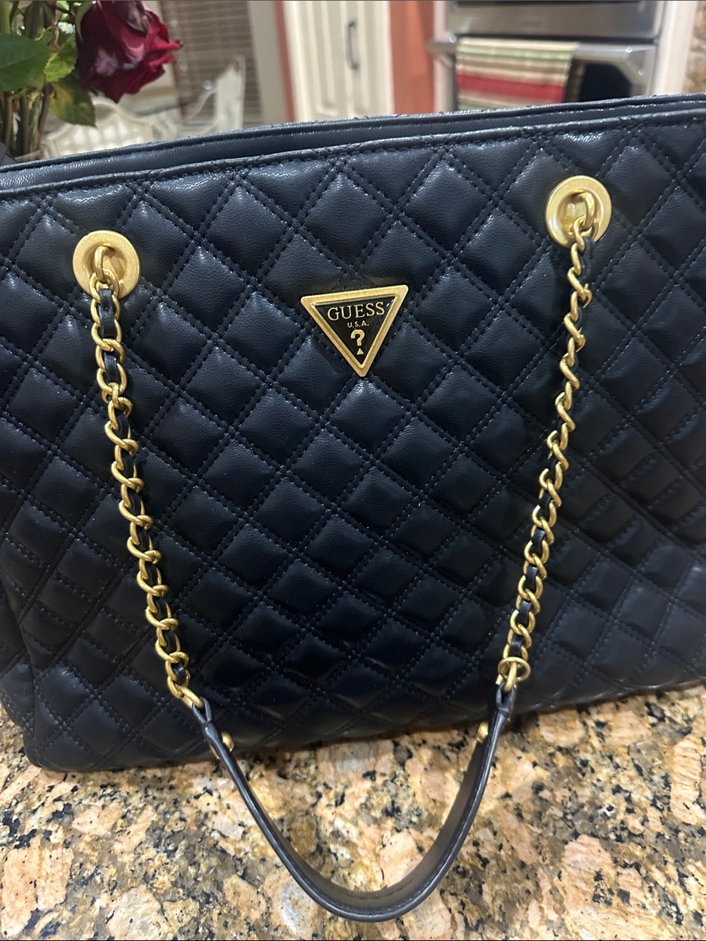 GUESS Black Quilted Shoulder Tote with Gold Chain Handles